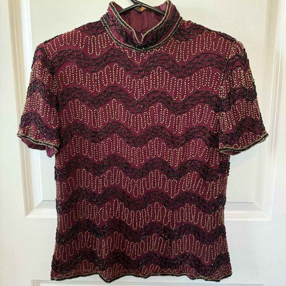 VINTAGE Papell Boutique Beaded Short Sleeve Silk Top in Deep Red Gold Black M